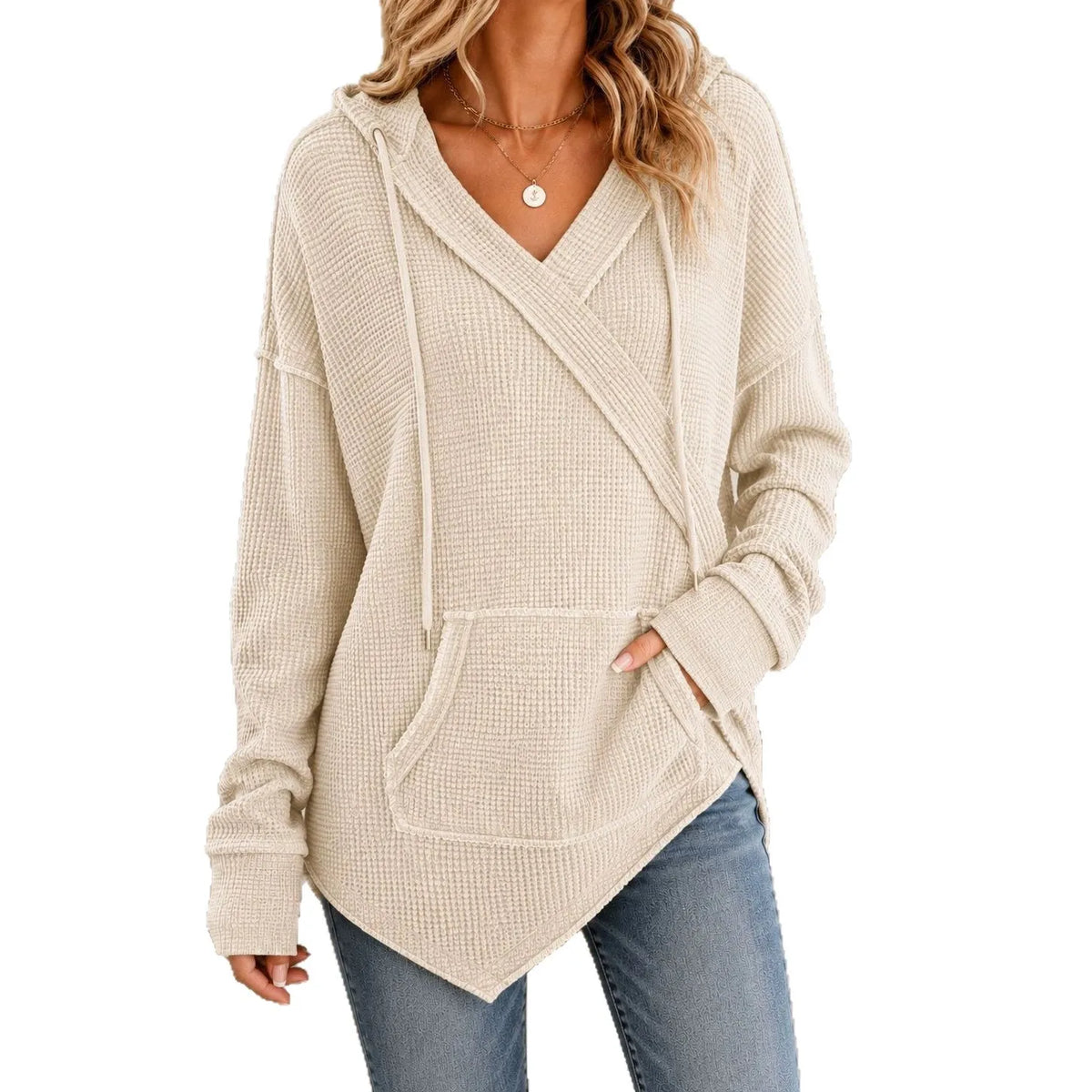 Women's Textured Waffle Knit Hoodie | Casual Loose Pullover Sweatshirt