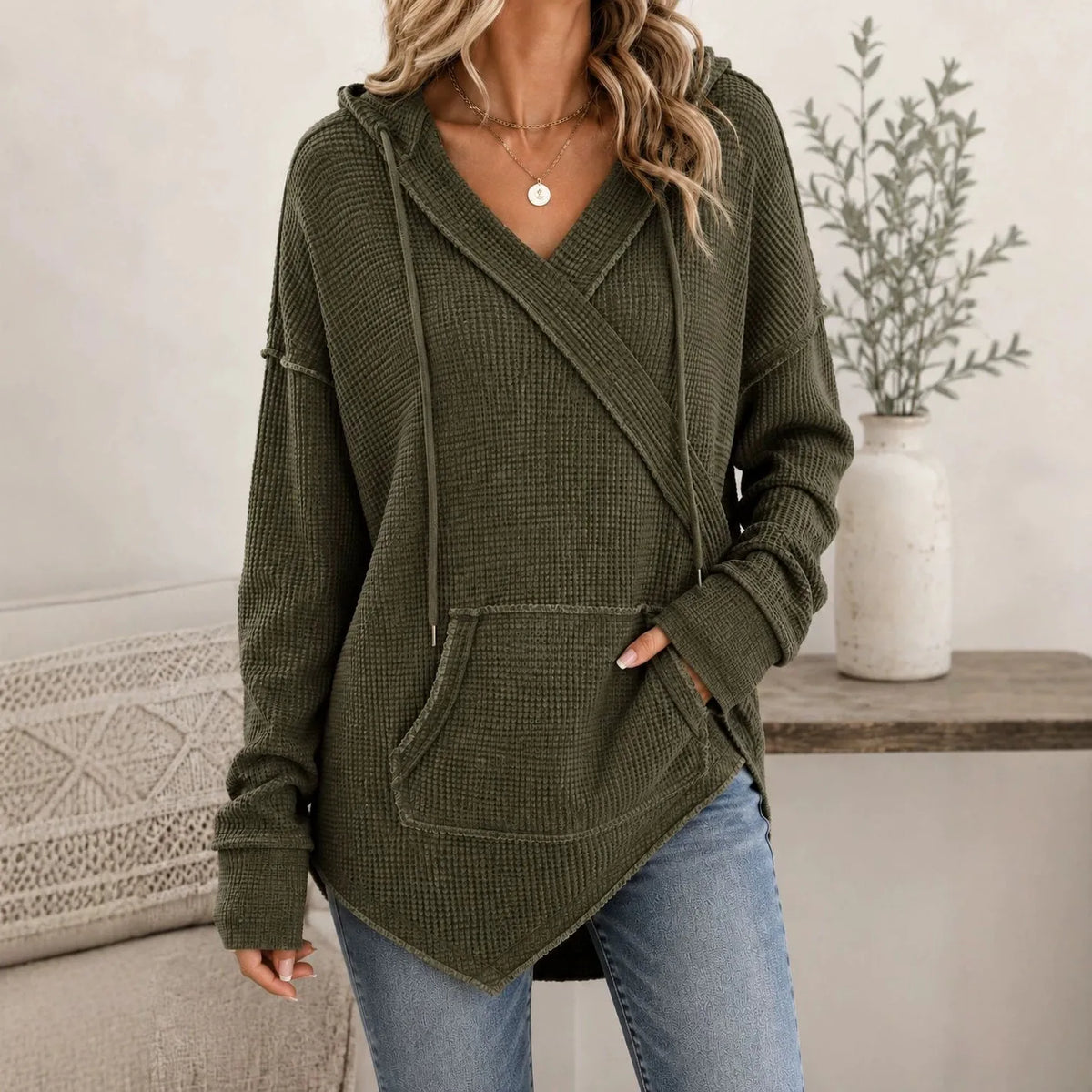 Women's Textured Waffle Knit Hoodie | Casual Loose Pullover Sweatshirt