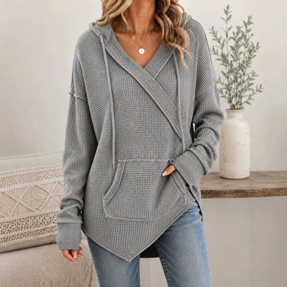 Women's Textured Waffle Knit Hoodie | Casual Loose Pullover Sweatshirt