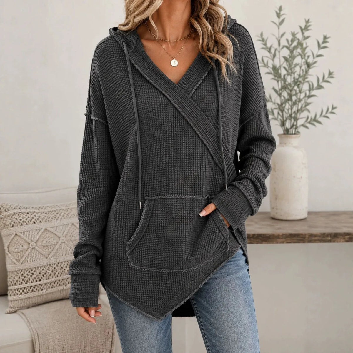 Women's Textured Waffle Knit Hoodie | Casual Loose Pullover Sweatshirt